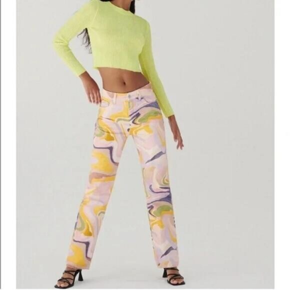 ZARA Straight Leg Abstract Swirl Print Jeans Size 2 Multicolor - Picture 3 of 11